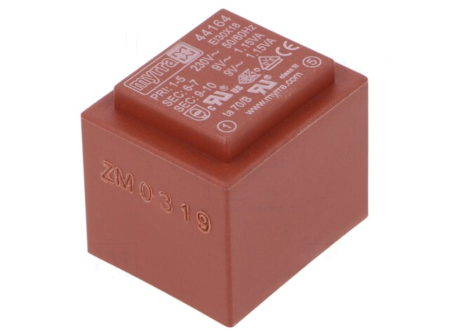 Transformator: ingegoten; 2,3VA; 230VAC; 9V; 9V; 128mA; 128mA; PCB Transformator: ingegoten; 2,3VA; 230VAC; 9V; 9V; 128mA; 128mA; PCB